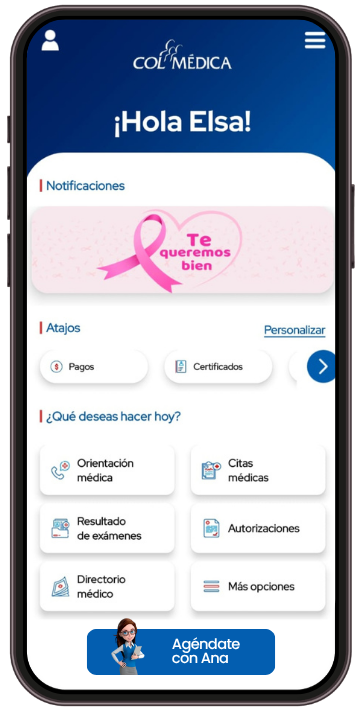 Pantalla de la app móvil de Colmédica